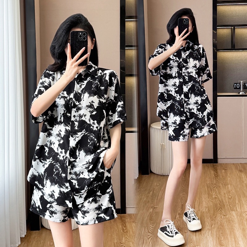 B218(6071) 新中式水墨画休闲风短袖燕尾上衣与短裤黑套装