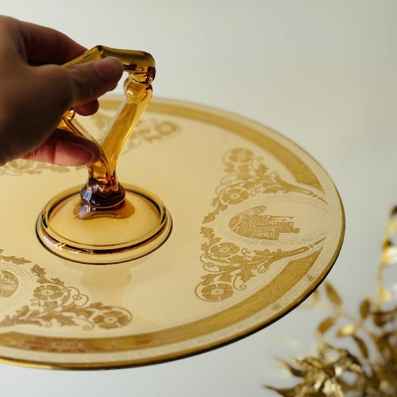 Antique 1920s Amber Glass Embossed Golden Castle and Scrollwork Pattern Large Cake Plate with Geometric Handle (MT2166)