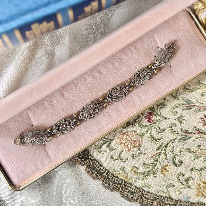 Antique Early 1900s Filigree Purple Glass Stone Bracelet - 6.5" (NZ096)