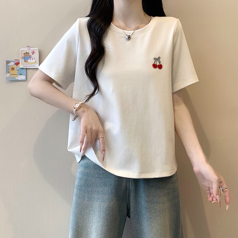 B123(3985) 韩系圆领短袖小烫钻樱桃3色上衣