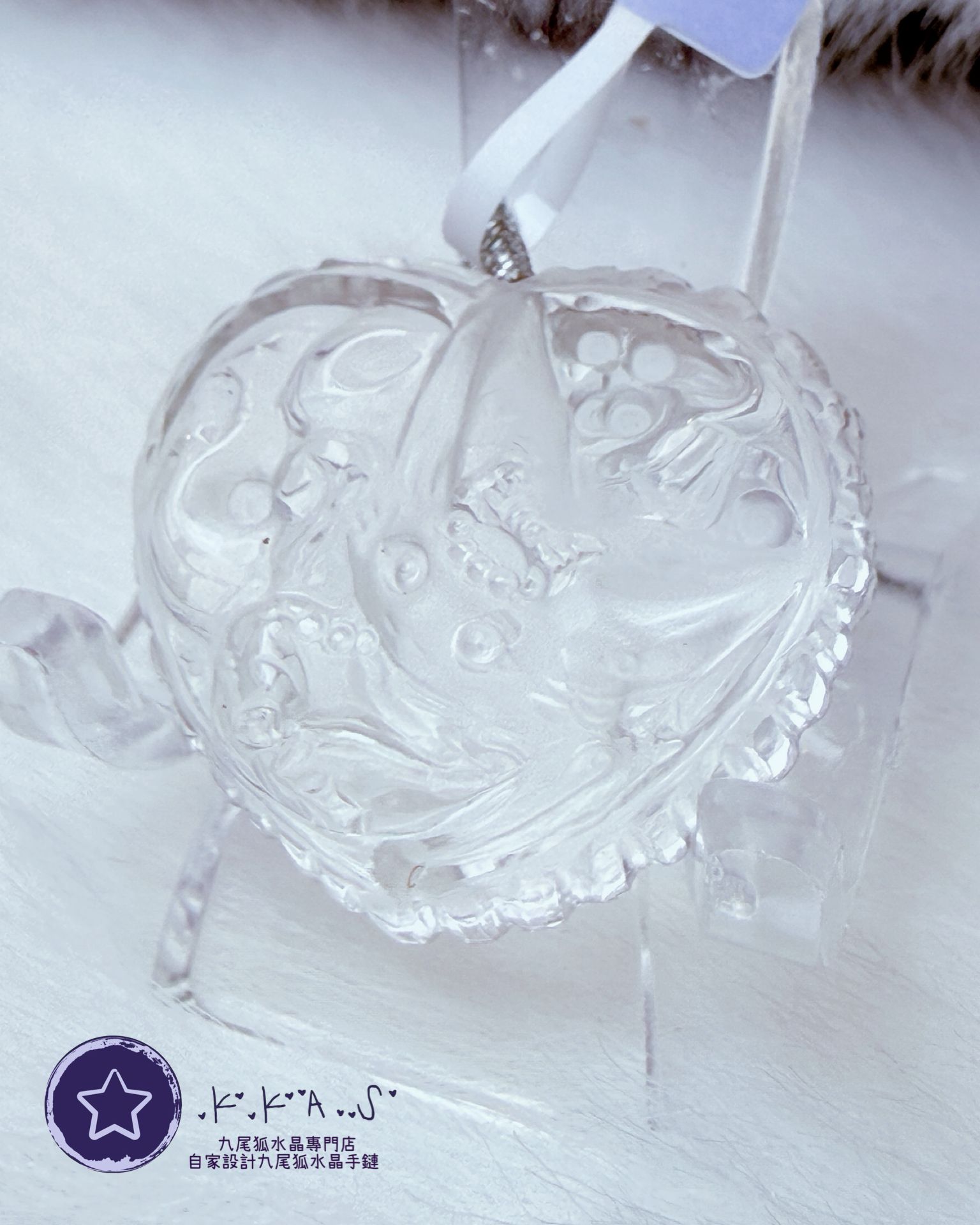 K00009 白水晶 心心公主狐 - 吊墜/手牌兩用款(上下孔)