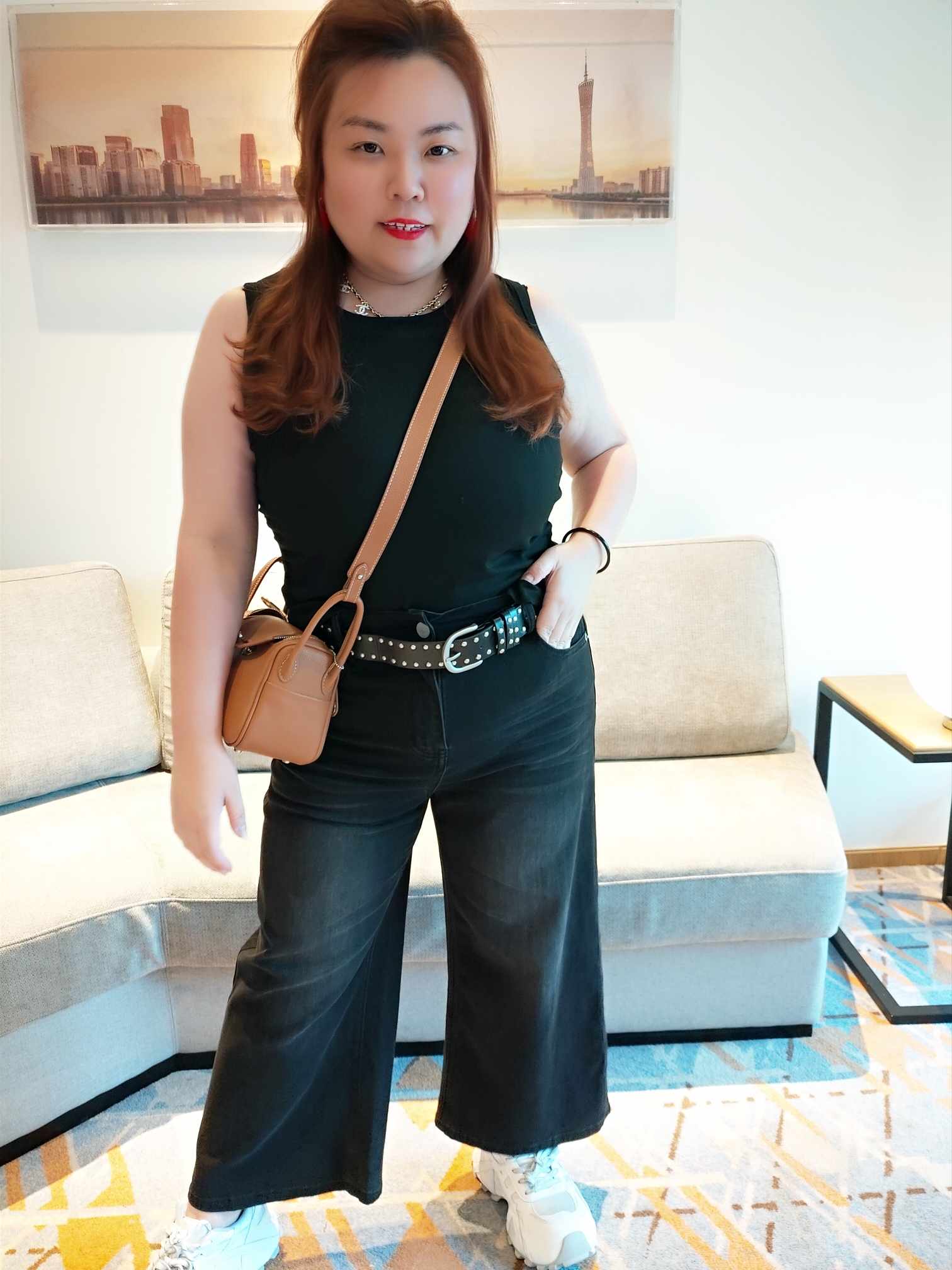 YCF08 3055 柳丁腰带弹力牛仔直筒9分裤