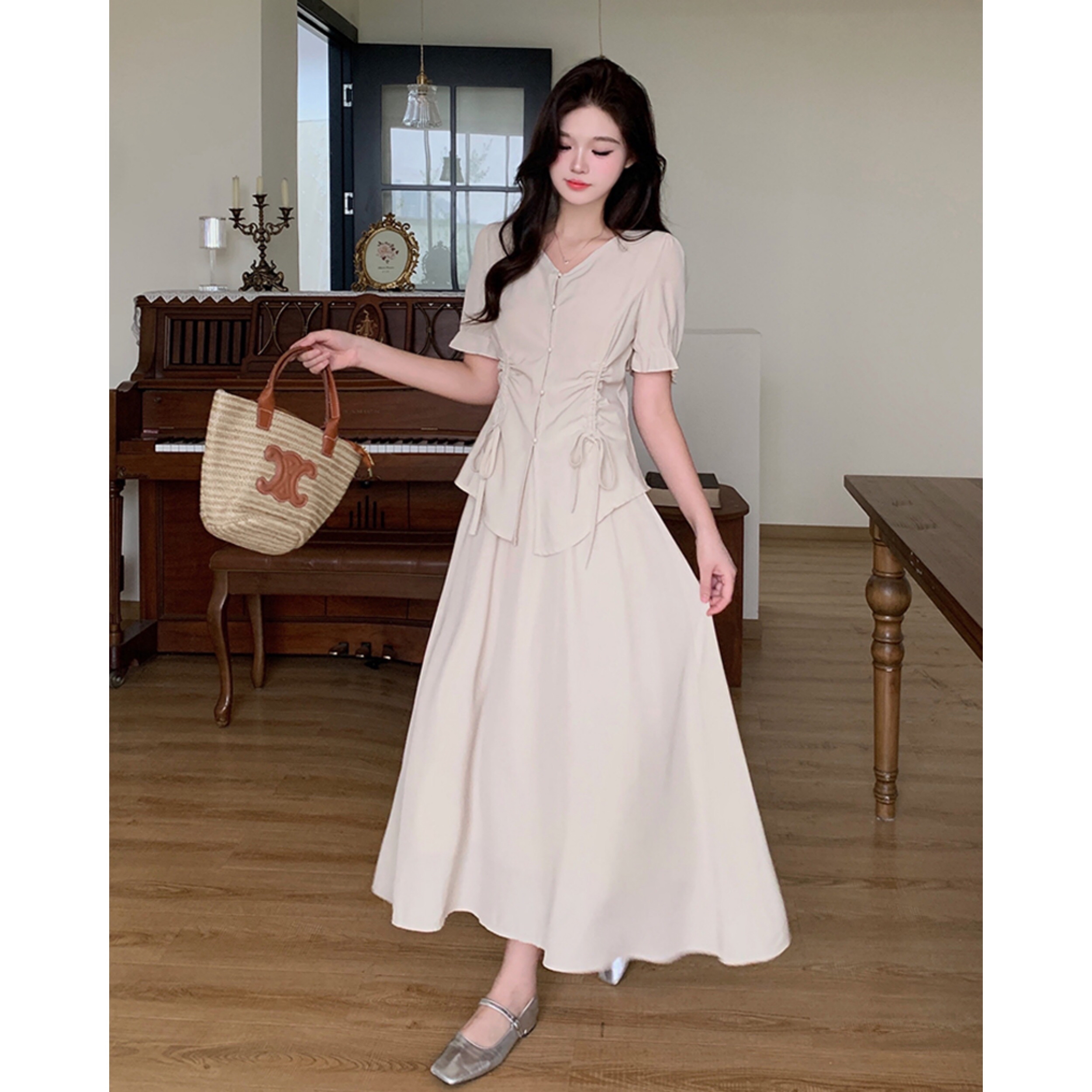 B202(63147) 韩系气质高级感双边腰抽绳褶皱上衣与长裙黑杏套装