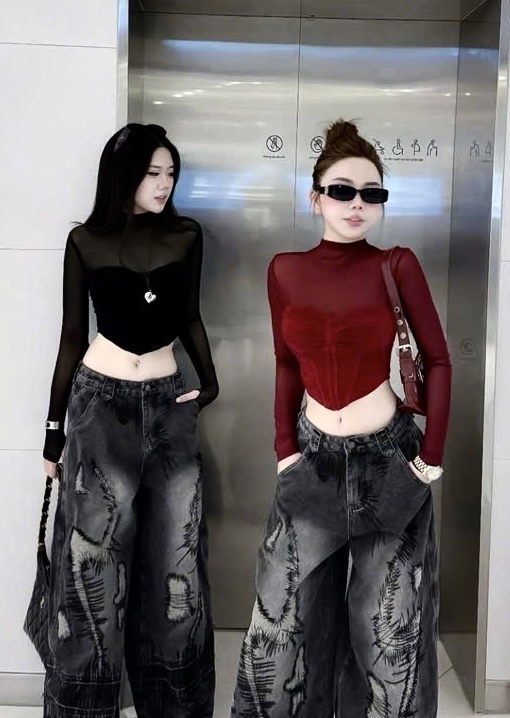 時尚透视长袖上衣