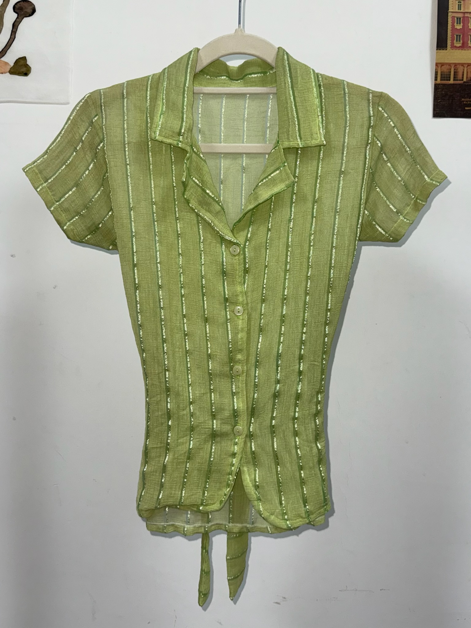 Pistachio Green Cap Sleeve Tie-Back Shirt with Glitter Stripes