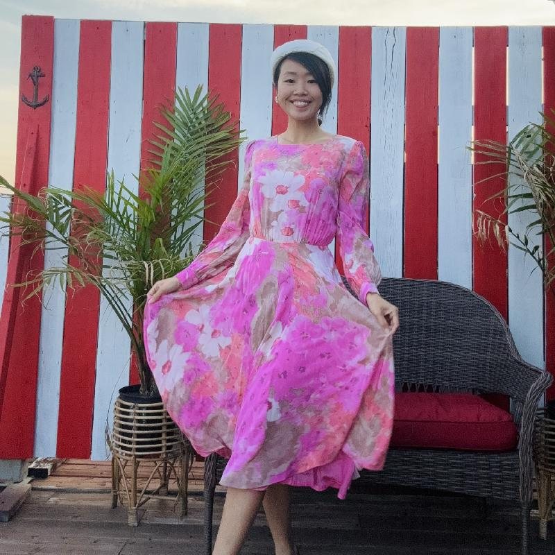 Vintage Artistic Ink Painting Floral Art Pattern Long Sleeve Light-weight Dress(MT1625)