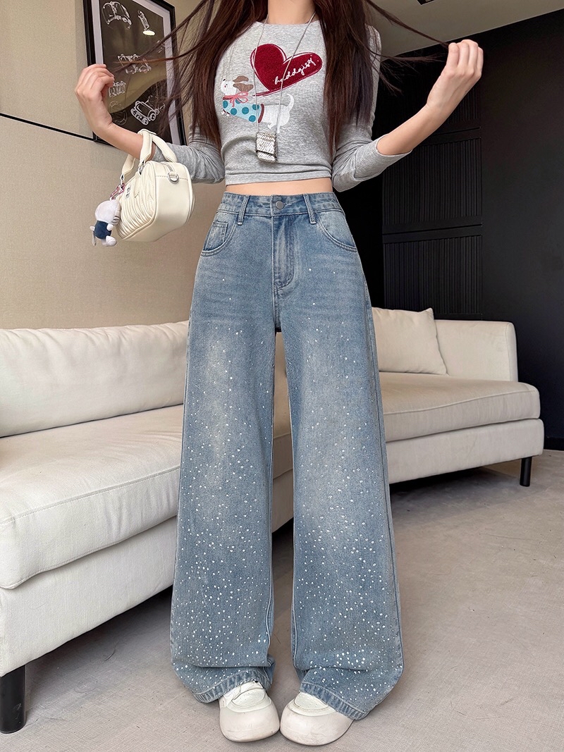 B109(30822) 韩版时尚JEANS重工烫钻高腰蓝阔腿长裤 