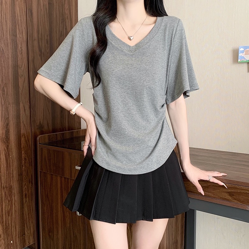 B35(3975) 韩版纯色V领荷叶袖褶皱腰4色上衣