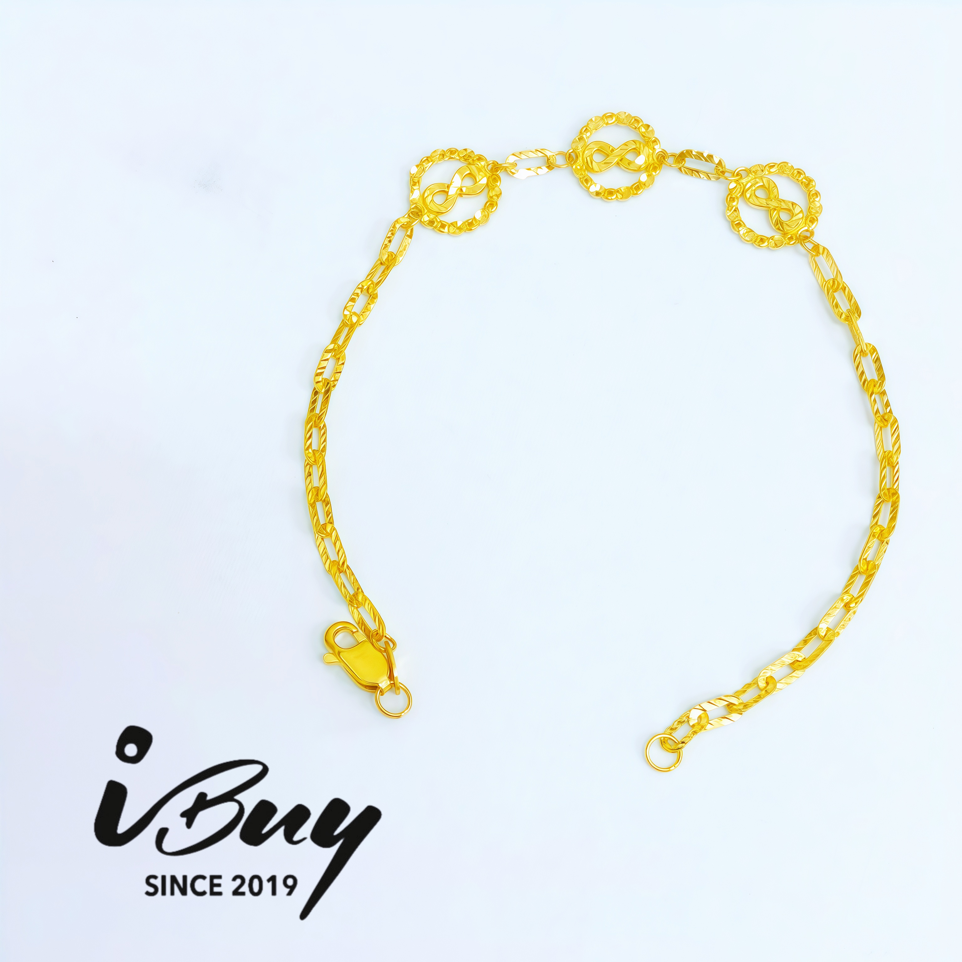916 GOLD 3 INFINITY PAPERCLIP BRACELET 916 金 3花无限符号车花回形针手链