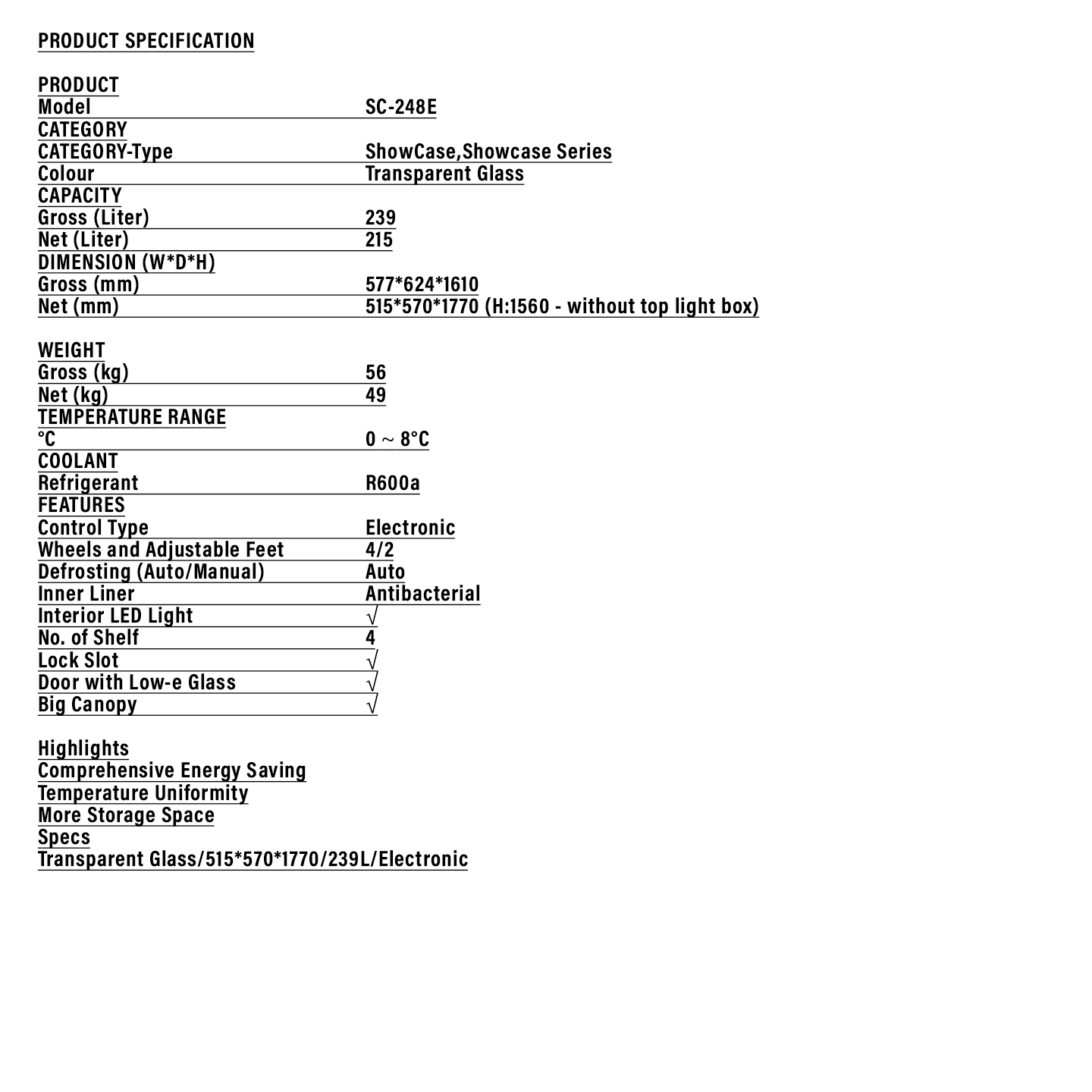 Haier 235L Showcase Chiller (SC-248E)