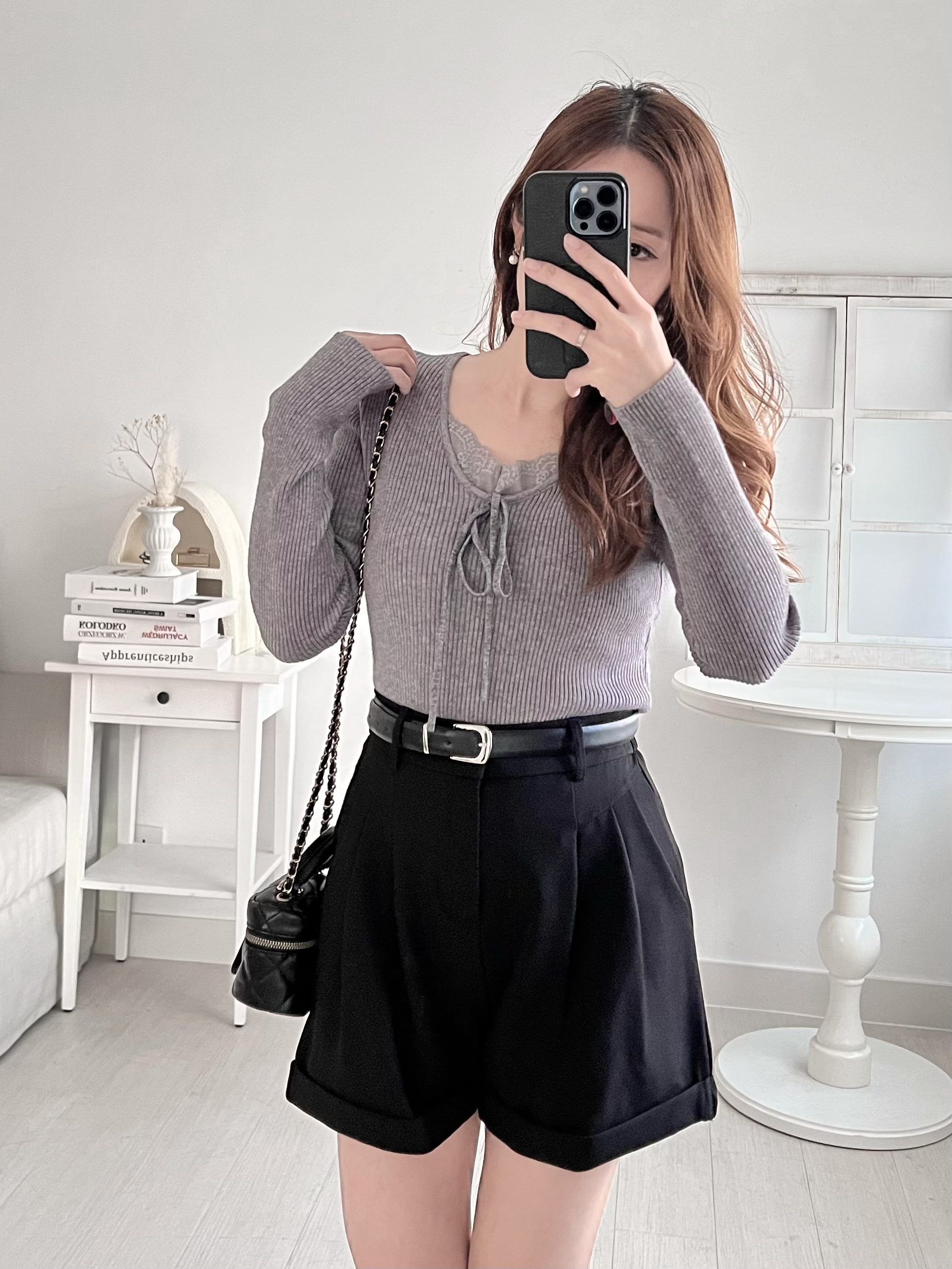 超修身♡蕾絲拼布針織上衣(KR)灰色315653