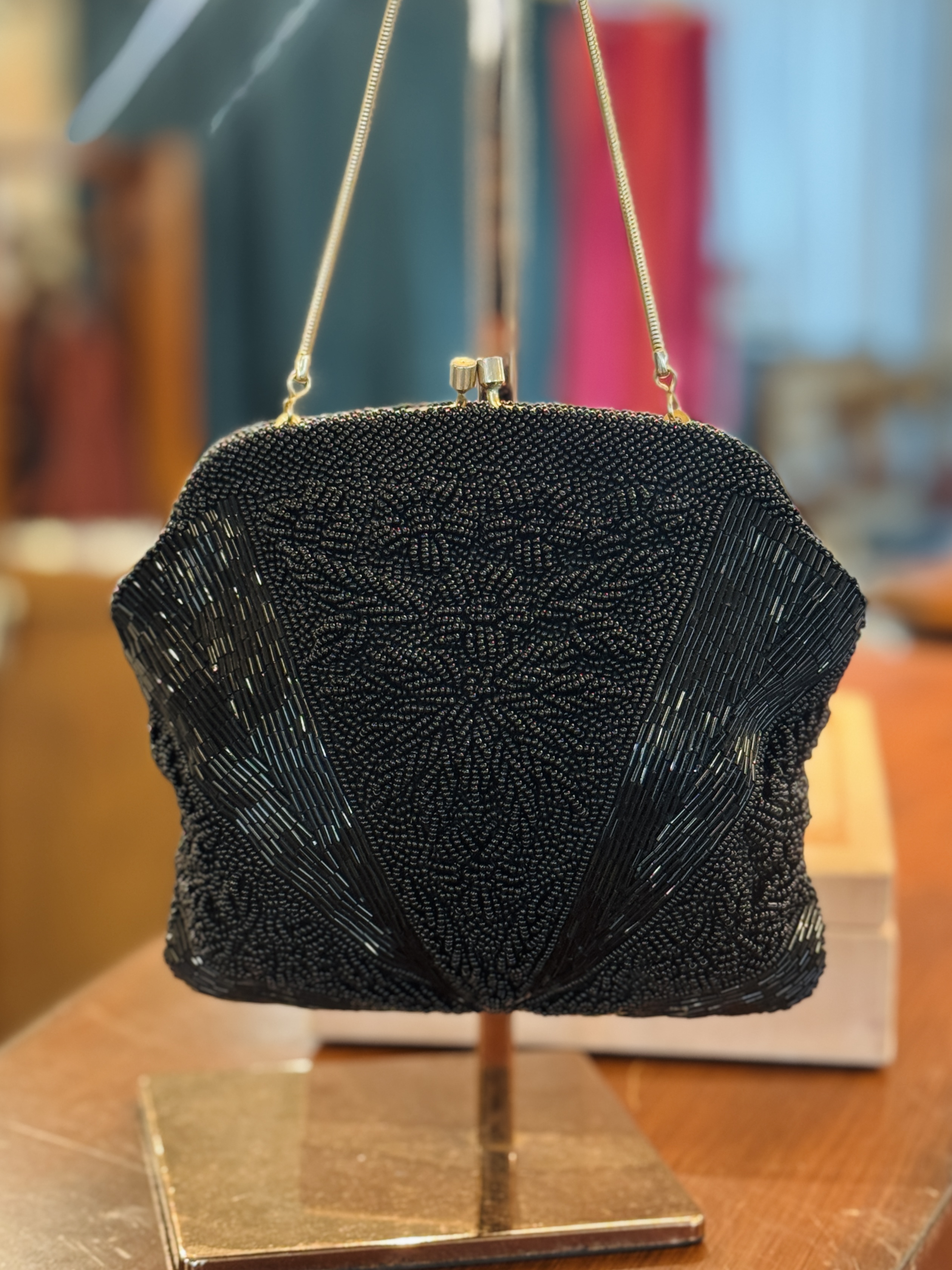 C.a. 1960s "Created by Mr John" Made in Hong Kong Floral Black Bead Bag (MT2501)