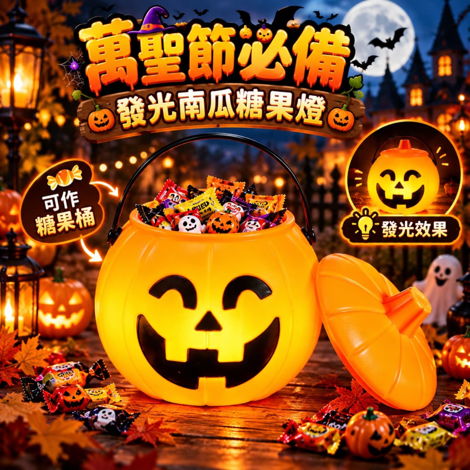 萬聖節發光南瓜糖果桶｜小朋友 Trick or Treat 討糖派糖手提南瓜燈｜M/L COS1293