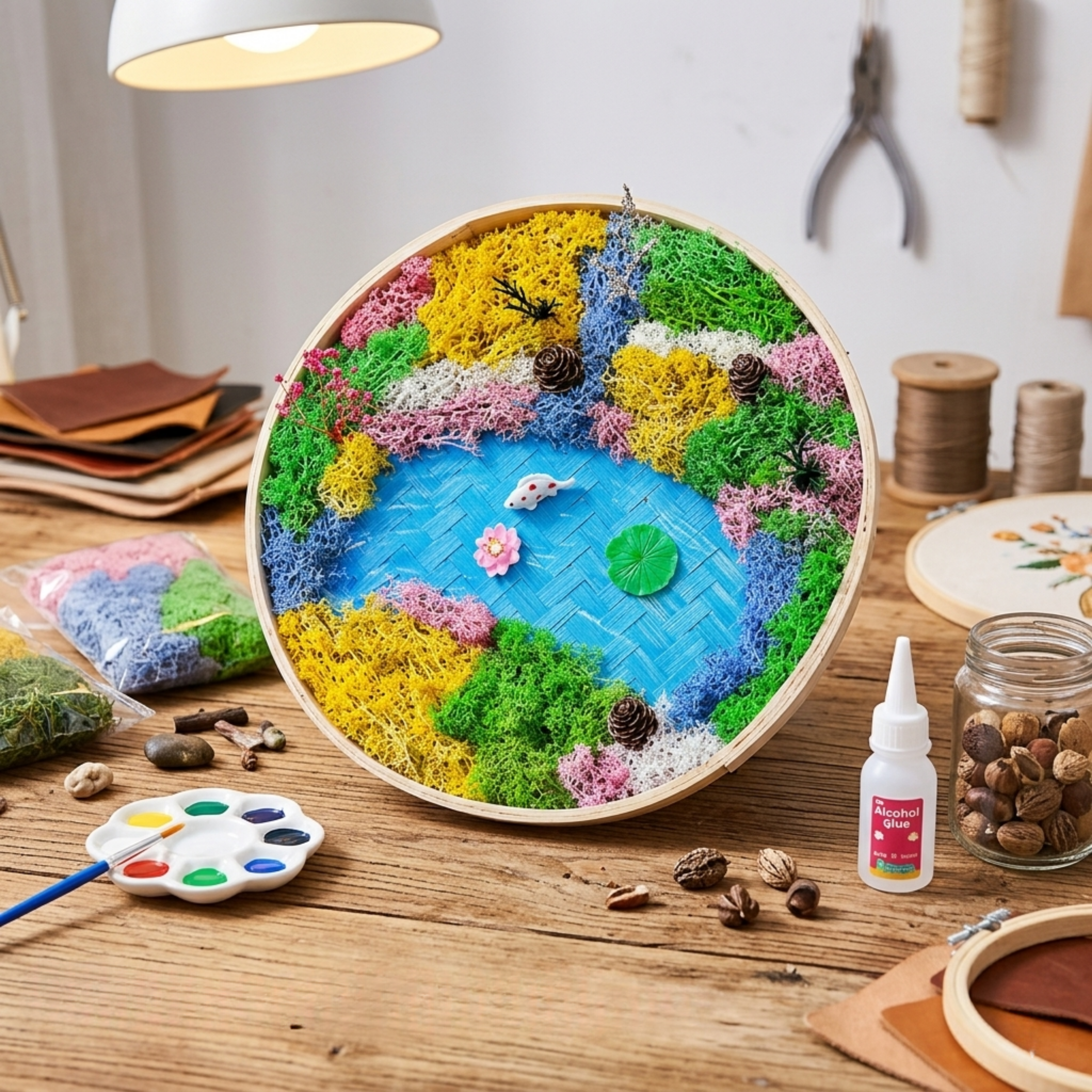 DIY永生苔蘚竹編筐畫材料包｜魚戲湖間療癒手作｜可提供外展教學 🎨🐟