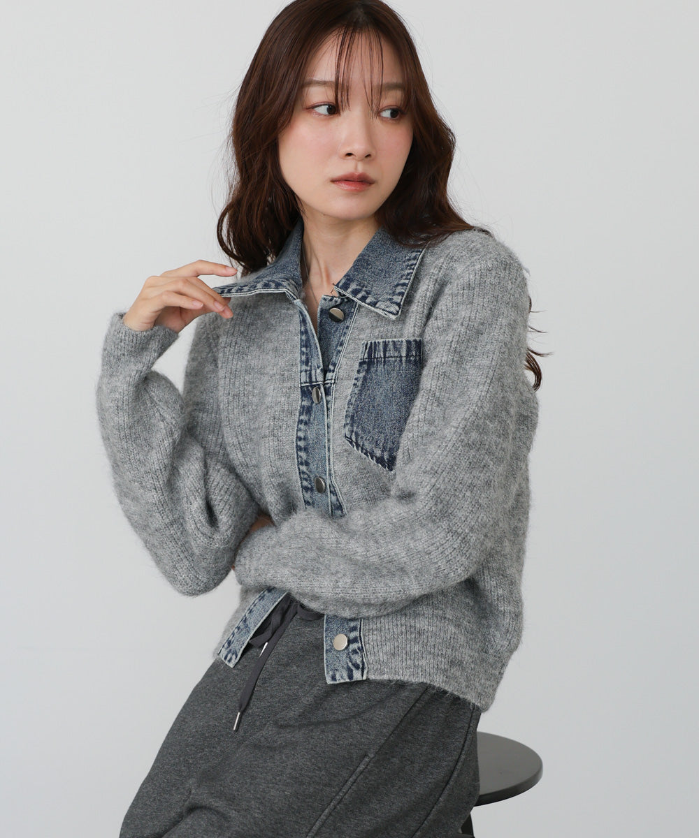 <限量現貨><JP> 新色加入！時尚設計感～牛仔布拼 Knit Cardigan* 2色入