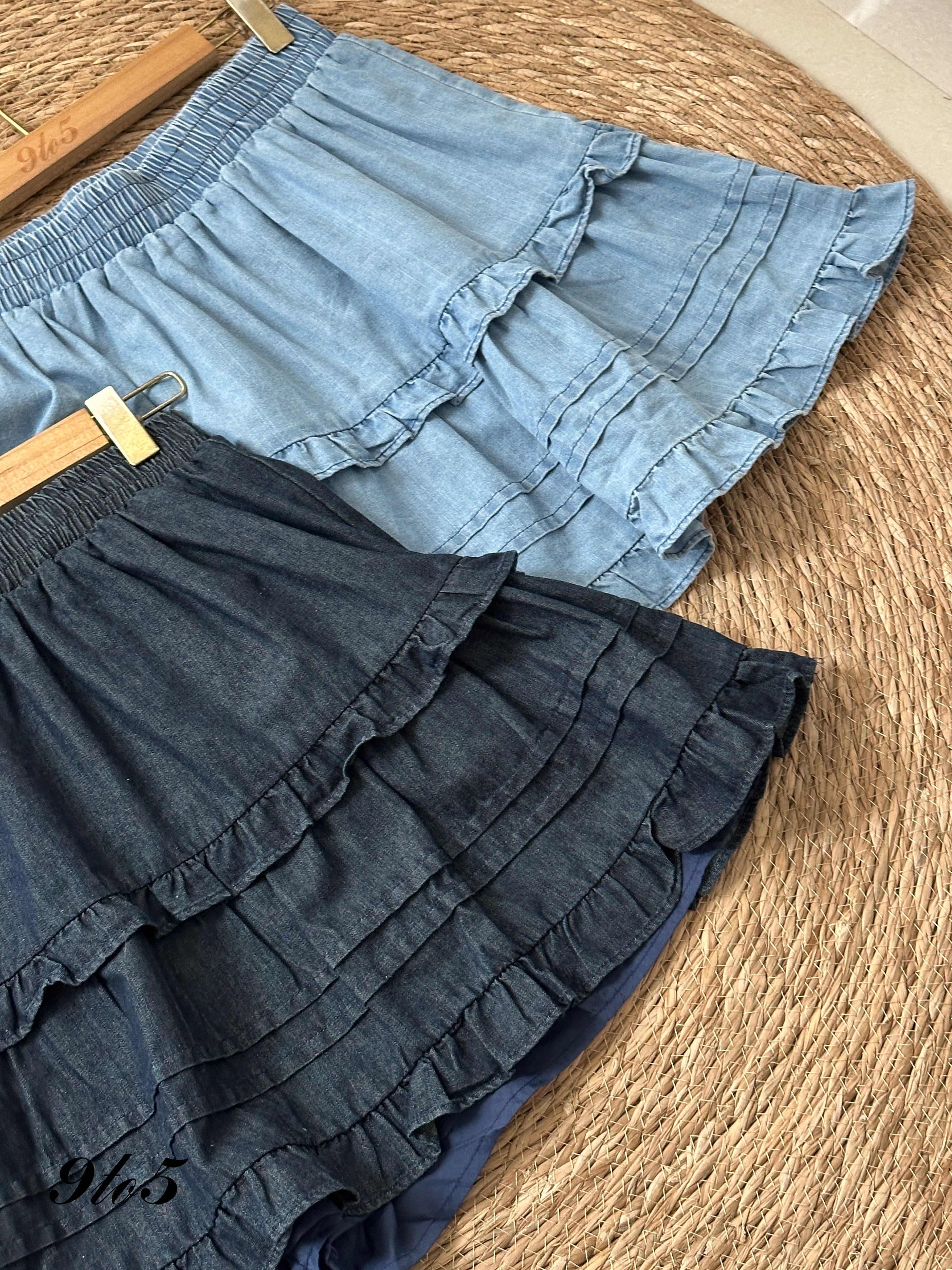 S1791 Denim Layered Short Skirt - Dark Blue & Light Blue