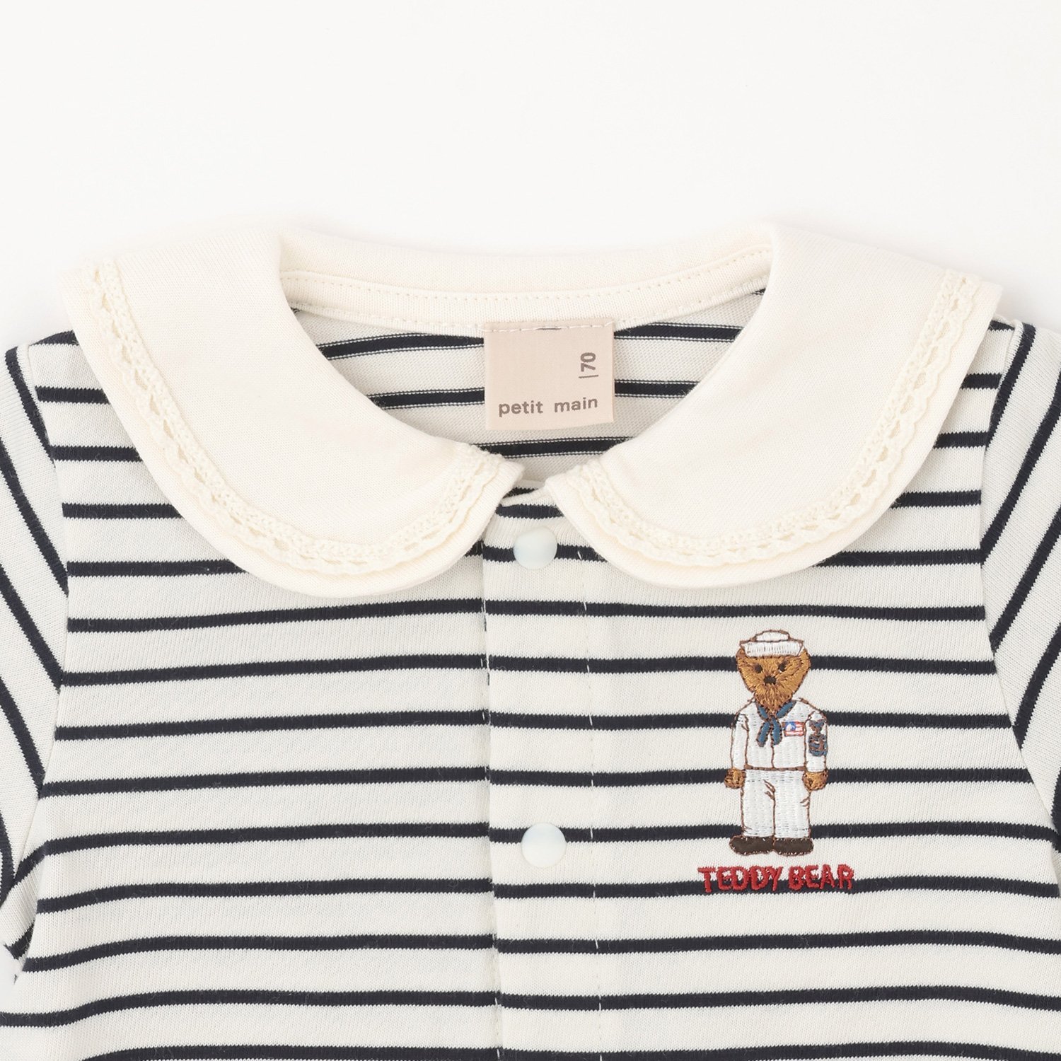 🇯🇵預訂 日本直送🇯🇵Petit Main x TeddyBear 兩色小熊刺繡水手領假兩件條紋長袖連身服