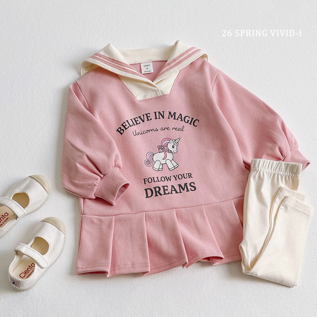 🌸預訂 韓國直送🌸🇰🇷VIVIDI四色水手領獨角獸印花長袖百摺連身裙