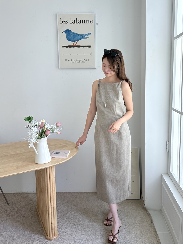 Linen Blend Twisted Strap Dress (Mocha)