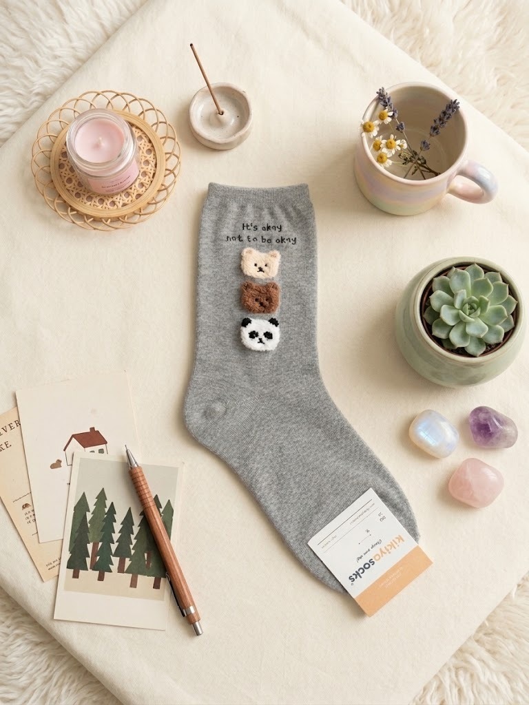 Korean 3D Trio Bear Head Calf Women's High Crew Socks