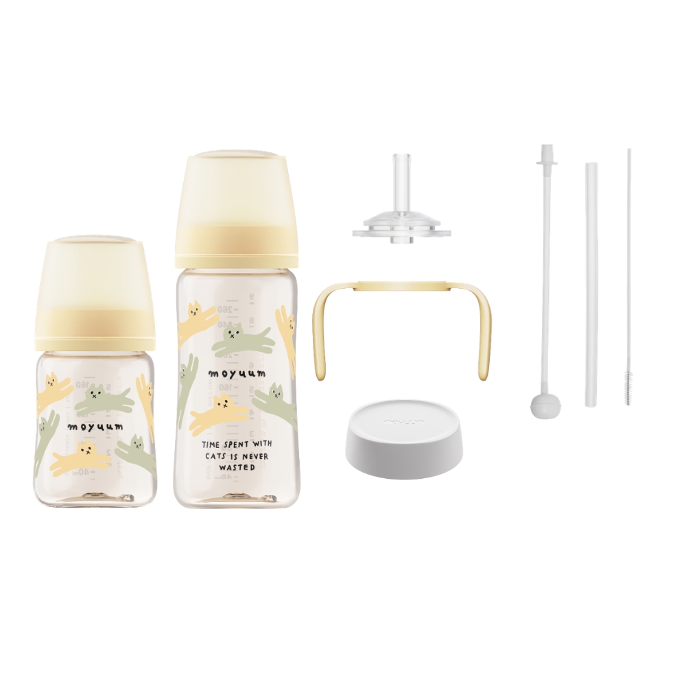 Moyuum - PPSU 寬口防漲氣奶瓶170+270ml(貓咪夢境)+寬口奶瓶防漏學習吸管套裝(黃色)送奶瓶蓋配件(白色)_MY282