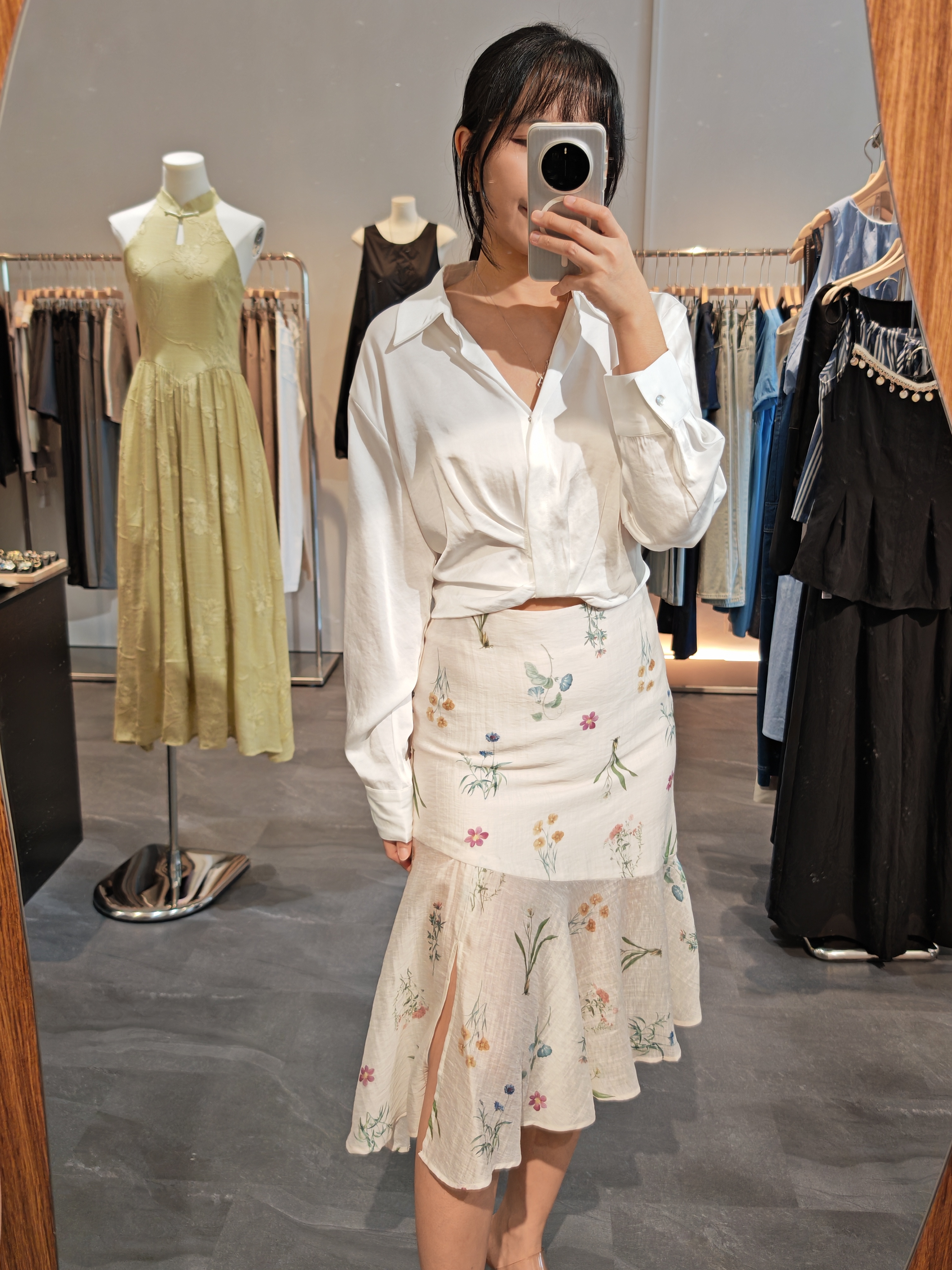 天丝亚麻花卉鱼尾裙