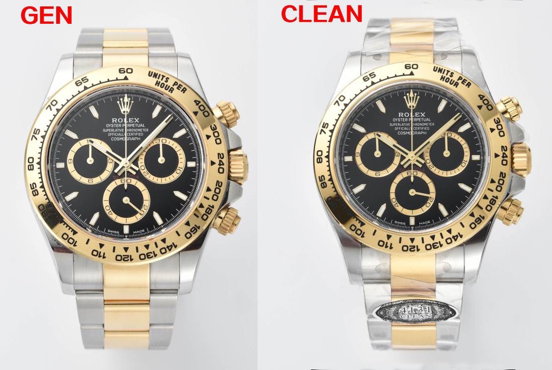 真假对比｜Clean厂 / C厂 126503（4131机芯） 🔥🔥🔥 间金黑面条钉 / 间金黑面钻钉（莫桑石） 本次对比依旧基于真品开模。C厂坚持每一款腕表都需购入真品进行拆解研究，而非单纯“看图做货”。这是我们一直以来对表友负责的基本原则。 此次推出的 126503 新款，最大亮点在于全新的 369 表盘设计： ✅表盘中心采用放射纹工艺 ✅边缘圆环区域则使用细腻的磨砂处理 ✅在外圆内侧还增加了一圈 约 30° 角度的抛光亮边 这些细节并非肉眼即可轻易判断，只有在完整拆解真品后才能准确还原，本次也都一一进行了复刻。 钻钉版本依旧采用 莫桑石 制作，在亮度与切工层面保持稳定表现。 从整体对比图中可以直观感受到 C厂在细节处理上的投入。高制作成本也意味着成品标准更高，因此在价格层面相较部分同类产品会略高一些，这一点也希望大家能够理解。 值得一提的是，C厂几乎会为每一种配色单独购入真品进行开发，因此其真假对比往往也是最完整、最真实的。同时，部分款式因工艺要求较高，会经历多轮反复修改，个别零部件的开发周期甚至以“年度”为单位计算。 我们的原则始终明确： 真品开模，做不到位，绝不出货。 宁缺毋滥，这从来不是一句口号。