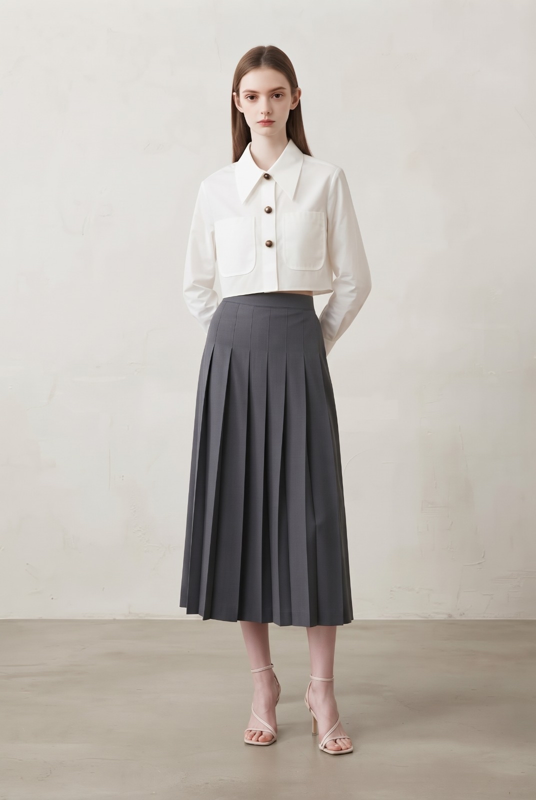 2162BS High Waisted Knife Pleated Midi Skirt