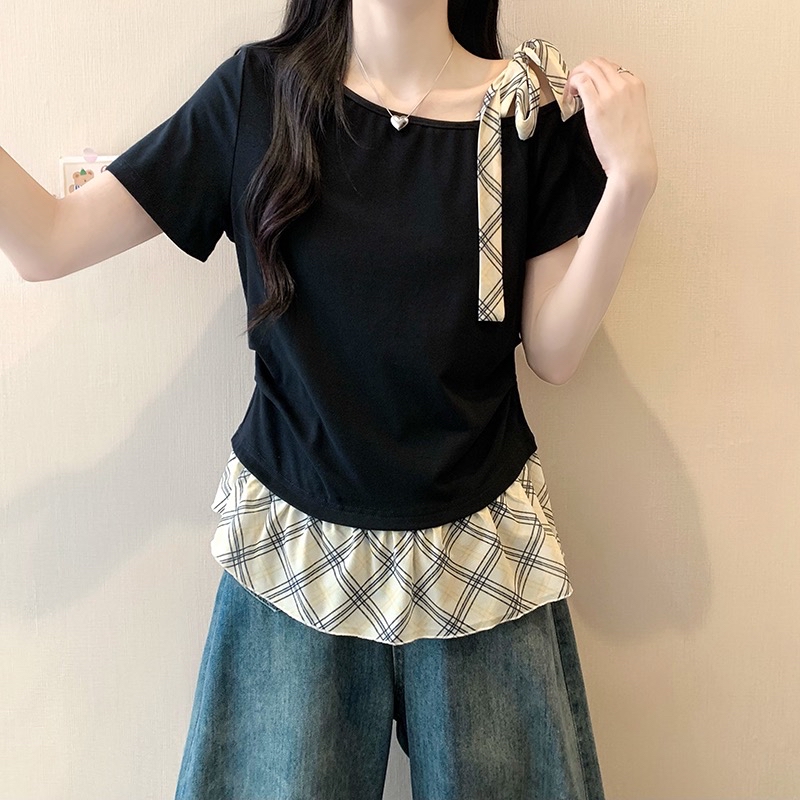 B289(24129) 法式拼接格纹斜肩系带与下摆黑杏上衣