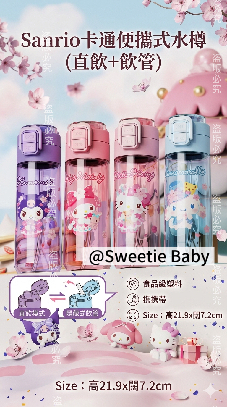 Sanrio卡通便攜式水樽（直飲＋飲管）