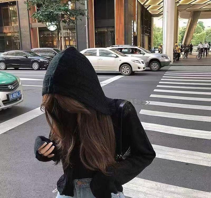 直紋有帽針織Cardigan 