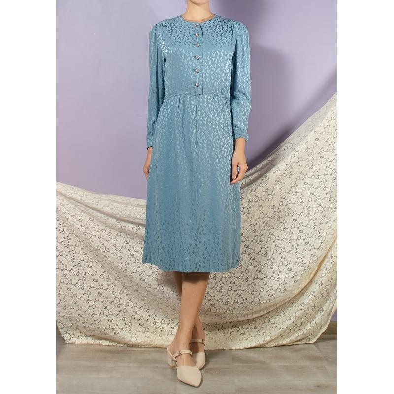 Vintage Powder Blue Satin Luxe Abstract Pattern Day Dress(MT1608-103)