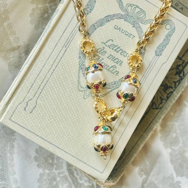 Vintage Re-designed 1980s Designer Quality Multi-colour Faux Pearl Dangle Piece Necklace(MT2386)