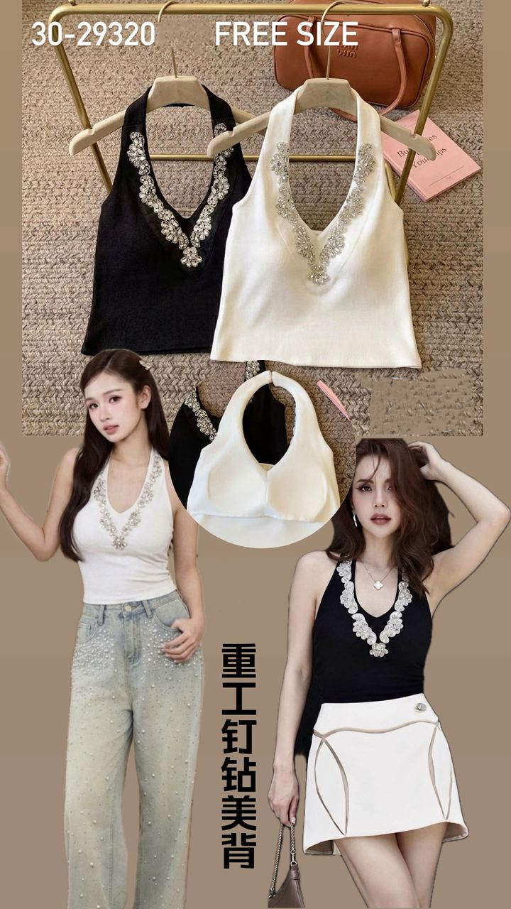 29320 Cotton Design Top 重工钉钻美背挂脖胸垫上衣