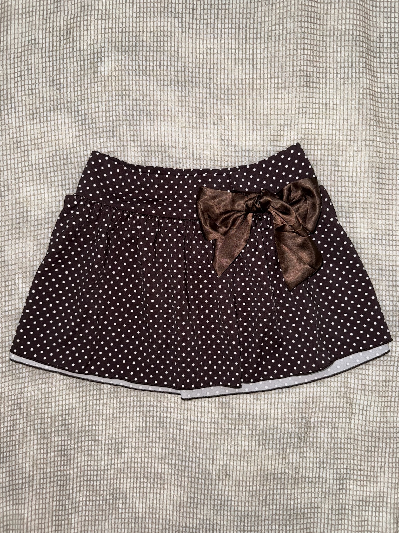 Brown Polka Dot Pleated Skirt with Bow Detail