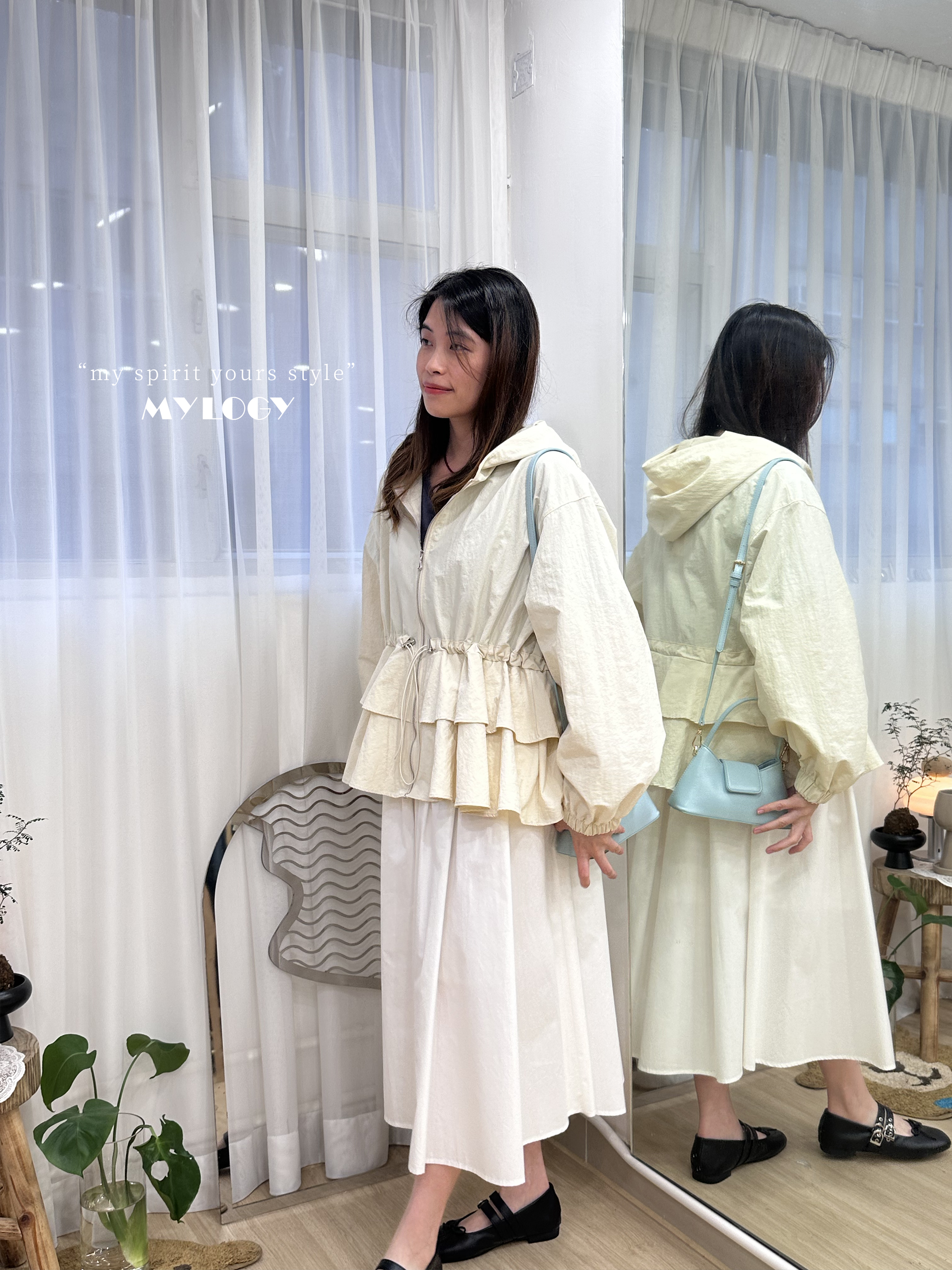 非典型少甜～束腰索繩Double Ruffle連帽風衣 J0002 - 白色 Ivory