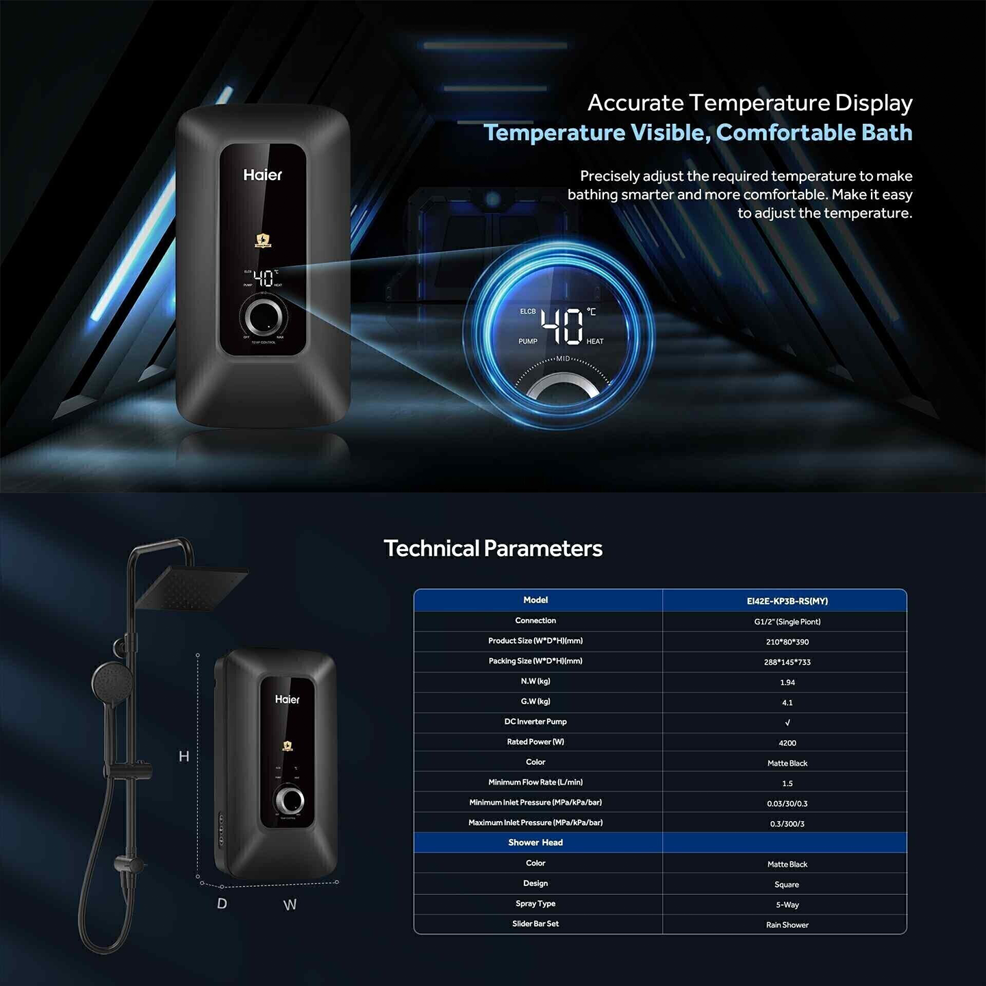 Haier 4.2kW DC Pump Rain Shower Water Heater (EI42E-KP3B-RS)