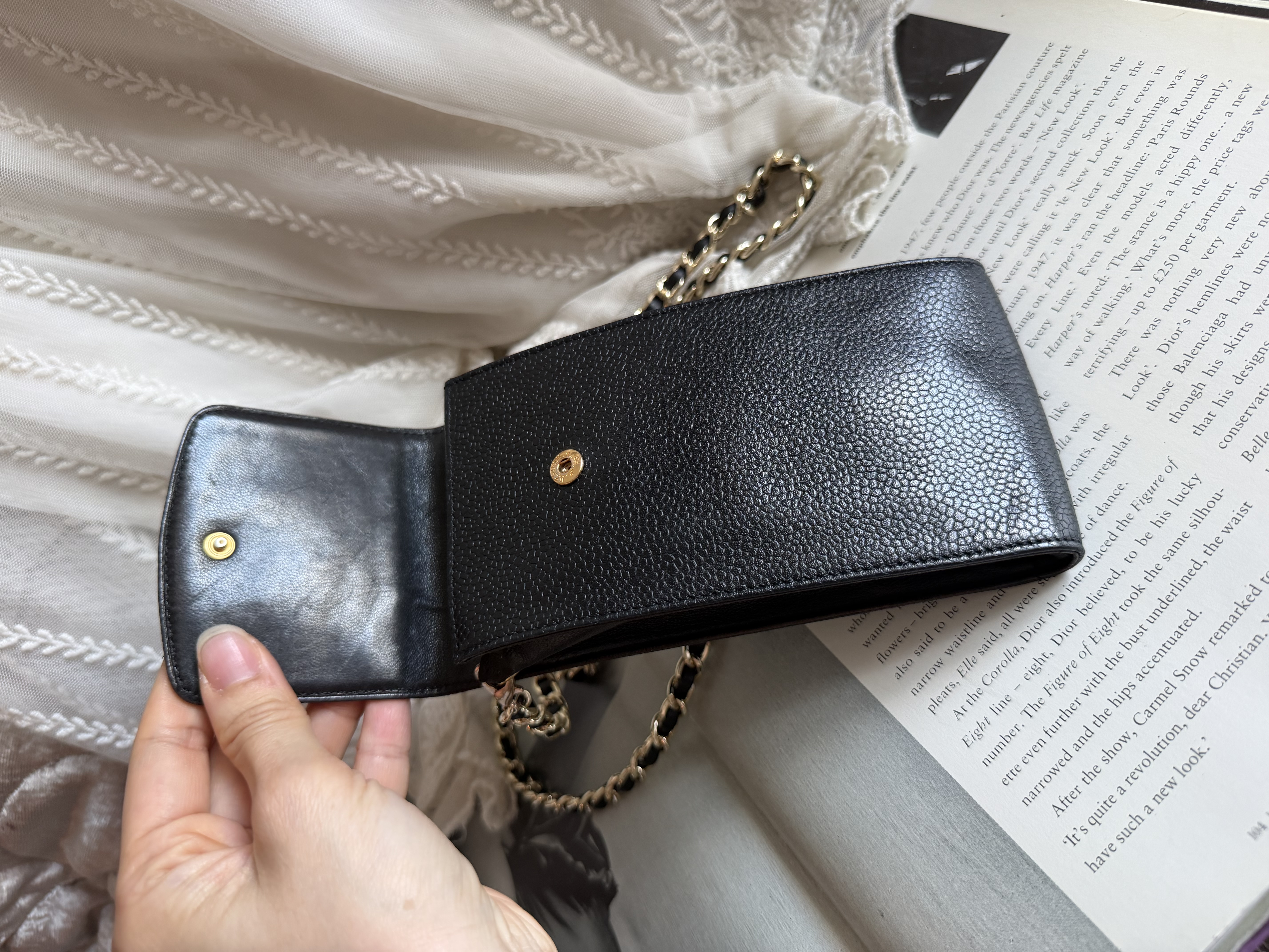 Vintage chanel black caviar leather phone holder sunglassess holder 