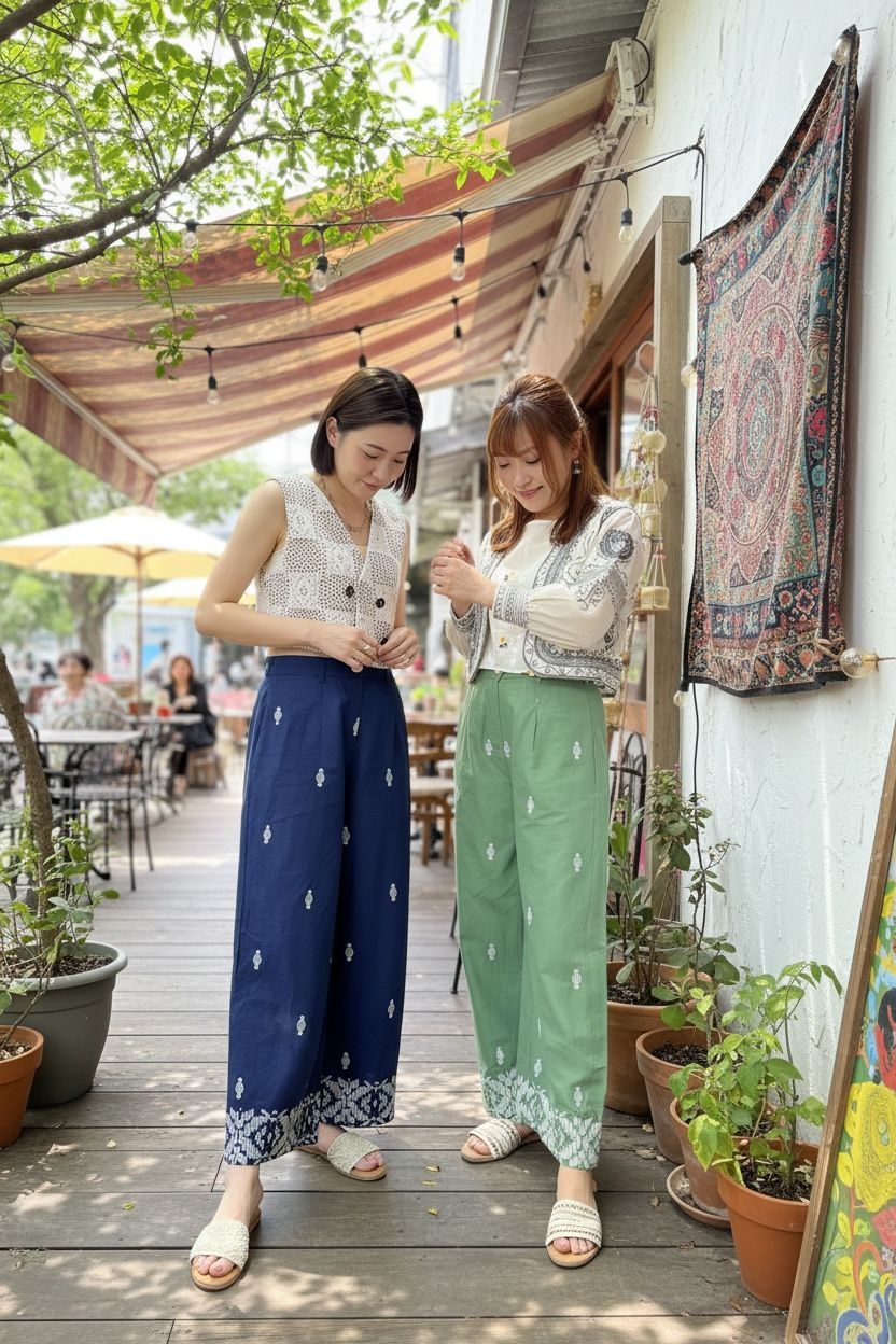 #1515 Green Emb. Wide legs Pants