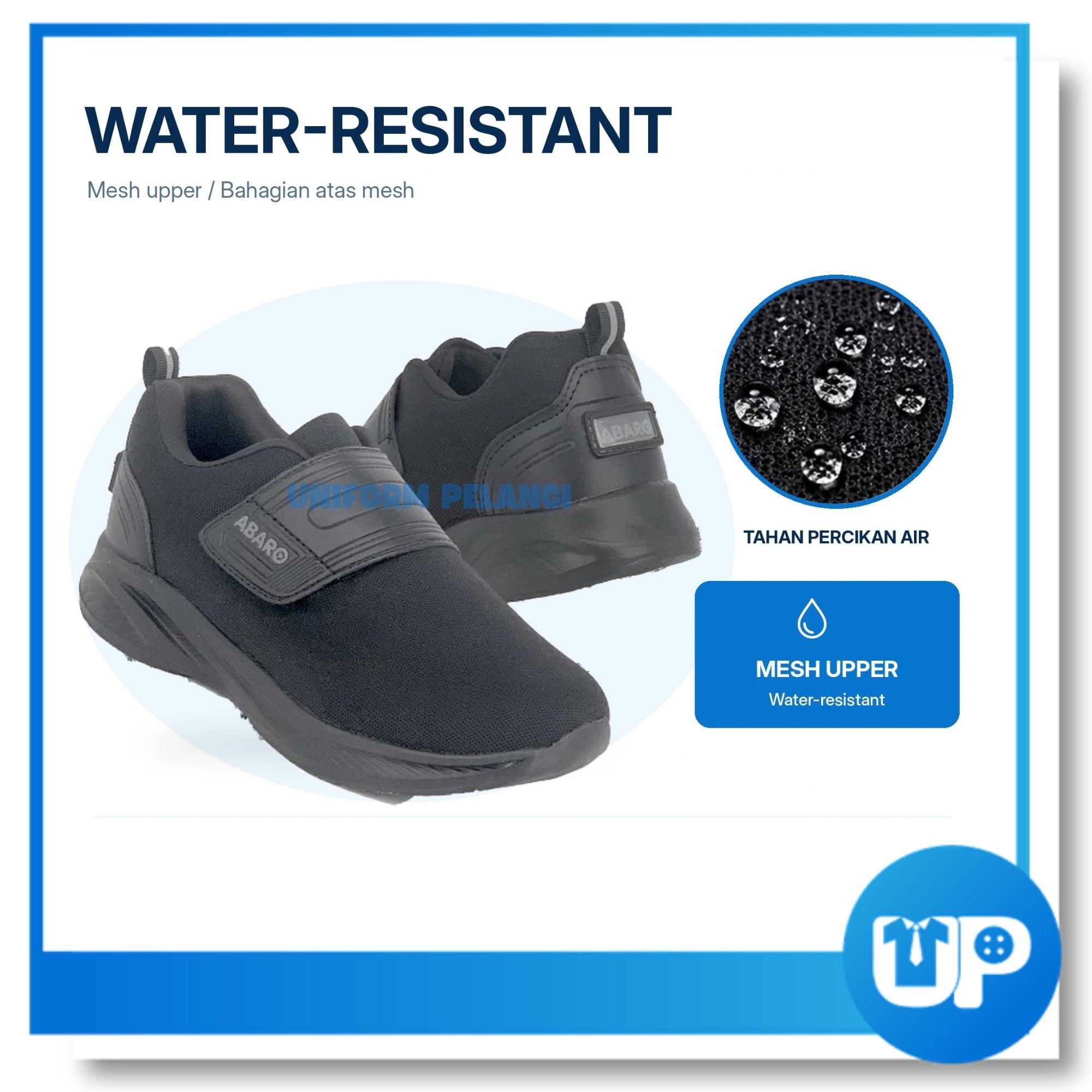 ABARO Kasut Sekolah Hitam Velcro Strap Water Resistant Mesh Sekolah Soft Cushion Shoe (W2881N)