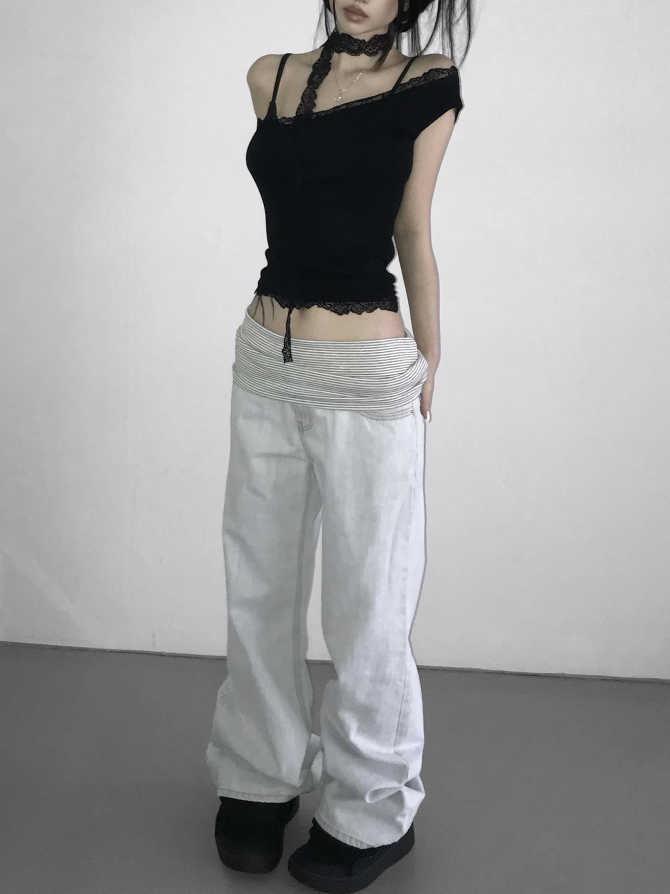 Asymmetrical One-Shoulder Lace Trim Top with Scarf