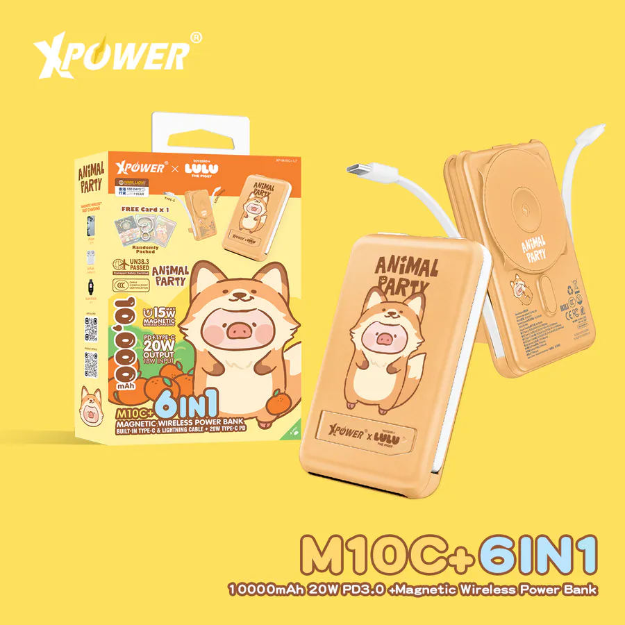 CCC | 3C認證 XPower x 罐頭豬LuLu🐷M10C+ 6合1 10000mAh多功能迷你20W PD3.0+ 磁吸無線快充移動電源