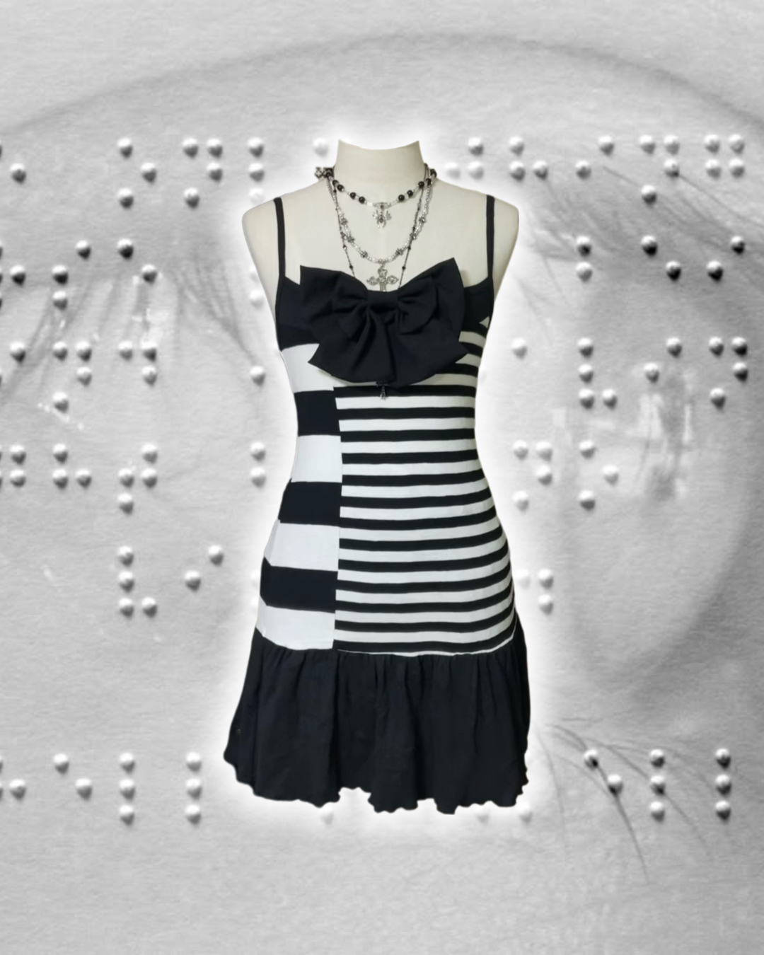 Black Hooded Ruffled Bow Striped Dress Set