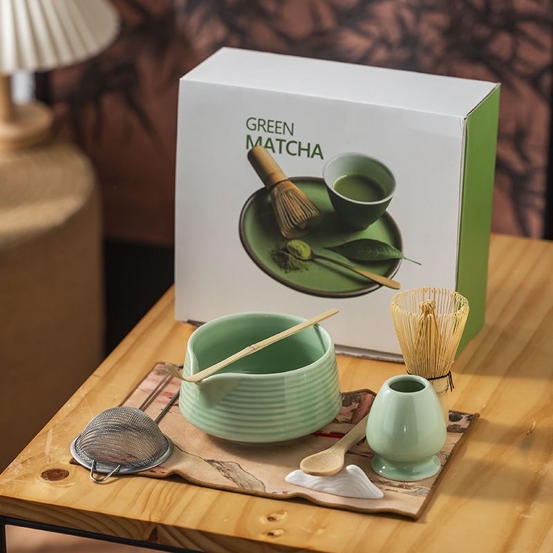 【8件套】日式抹茶具套裝帶嘴 茶筅和茶撥 - 綠色