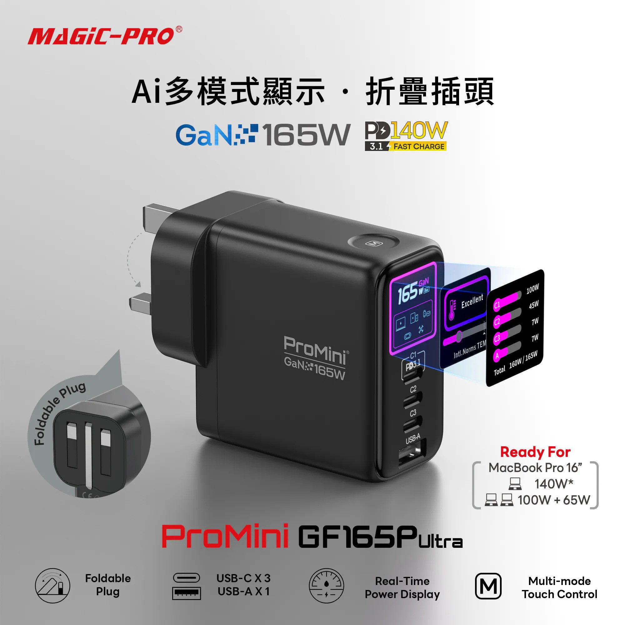 Magic-Pro ProMini #GF165P Ultra UI顯示PD3.1 GaN 165W摺疊三腳快速充電器