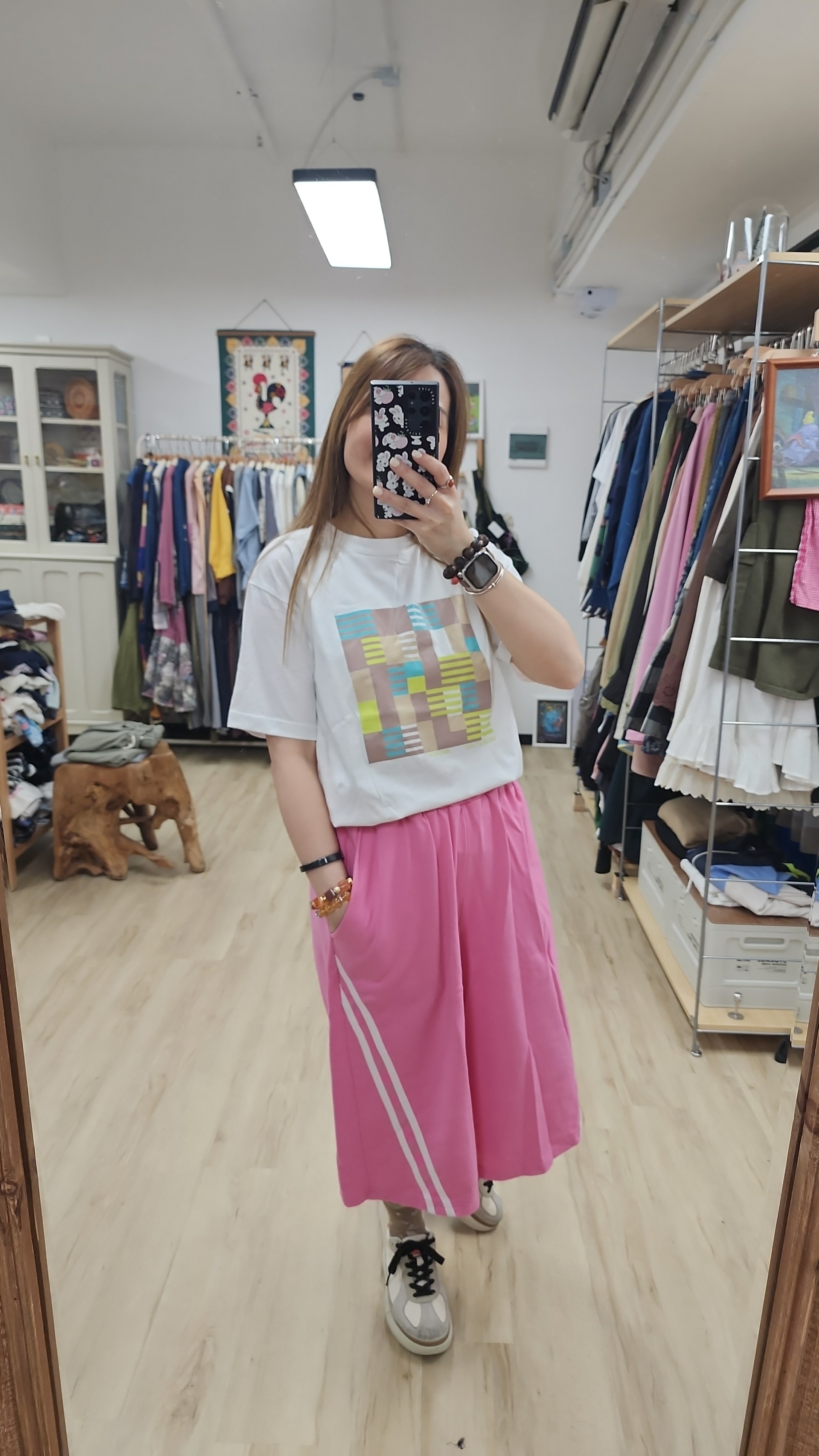 泰國白拼色方格仔印圖棉Tee