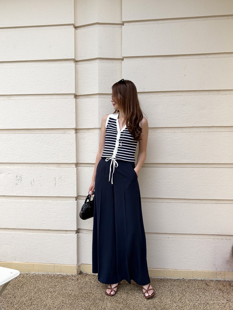 [超涼!!] Contrast Belt Wide Leg Slacks (Navy)