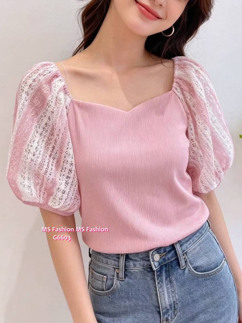G6603 特色領通花泡泡袖top