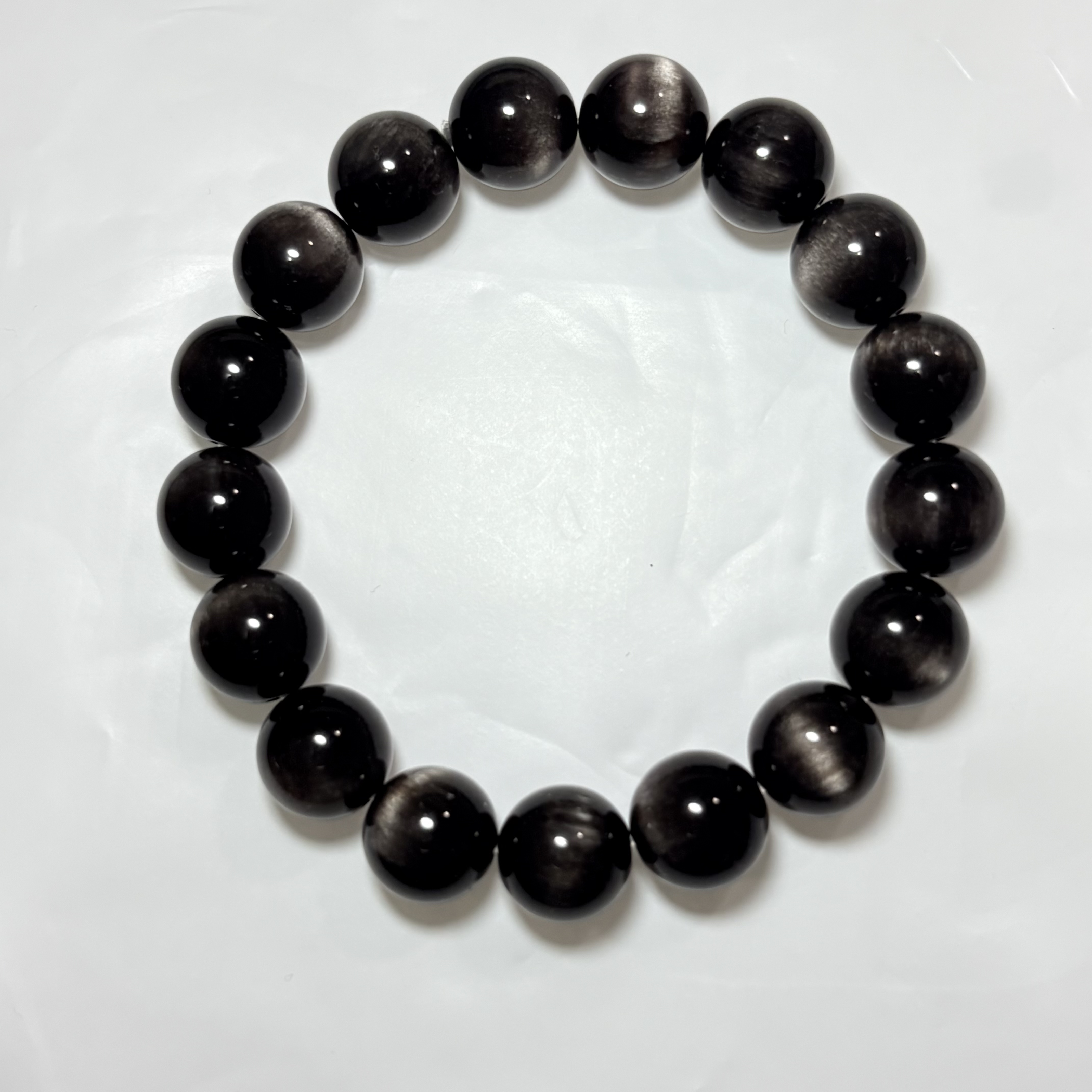【擋煞】銀黑曜石手串No.4593丨精品猫眼級✨丨12mm珠16.5-17cm手圍