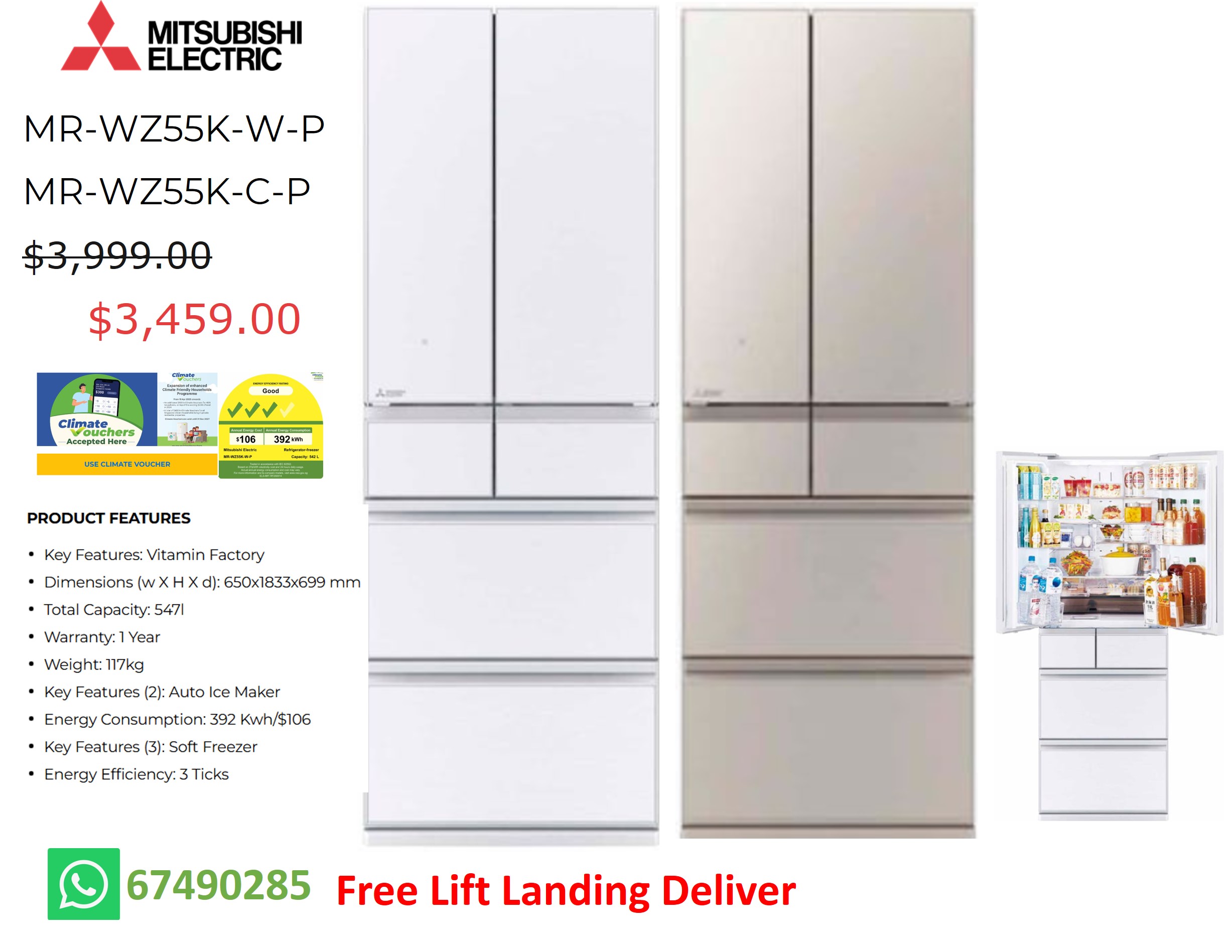 MITSUBISHI MR-WZ55K-W-P MULTI DOOR FRIDGE (547L) - GLASS WHITE